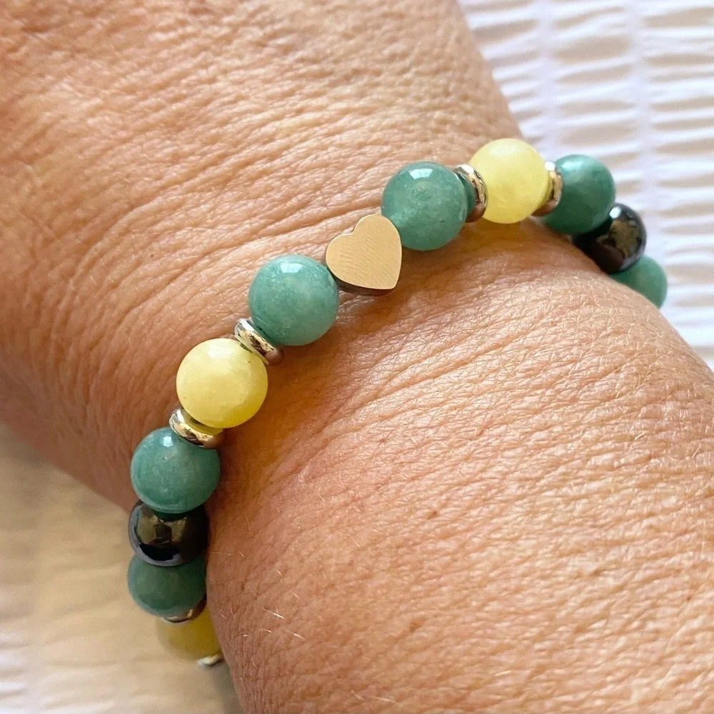 Green and Yellow Jade Beaded Bracelet fits up to 8” inches